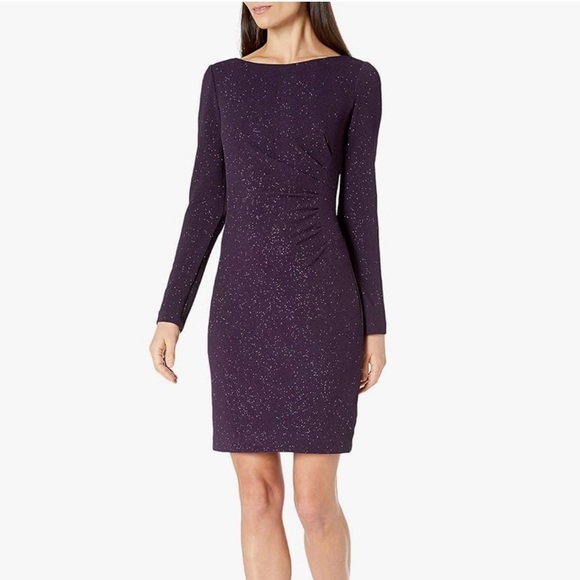 NWT Eliza J Long Sleeve Ruched Sheath Dress in Plum Glitter Size 6 - Picture 1 of 13